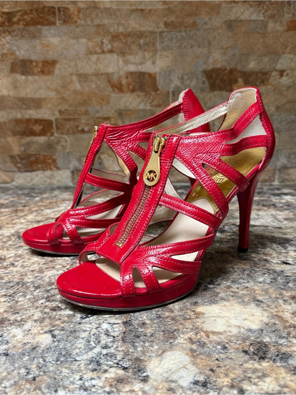 Michael Kors Women’s Red Patent Leather Open Toe Stiletto Zip Strappy Heels Sz 8